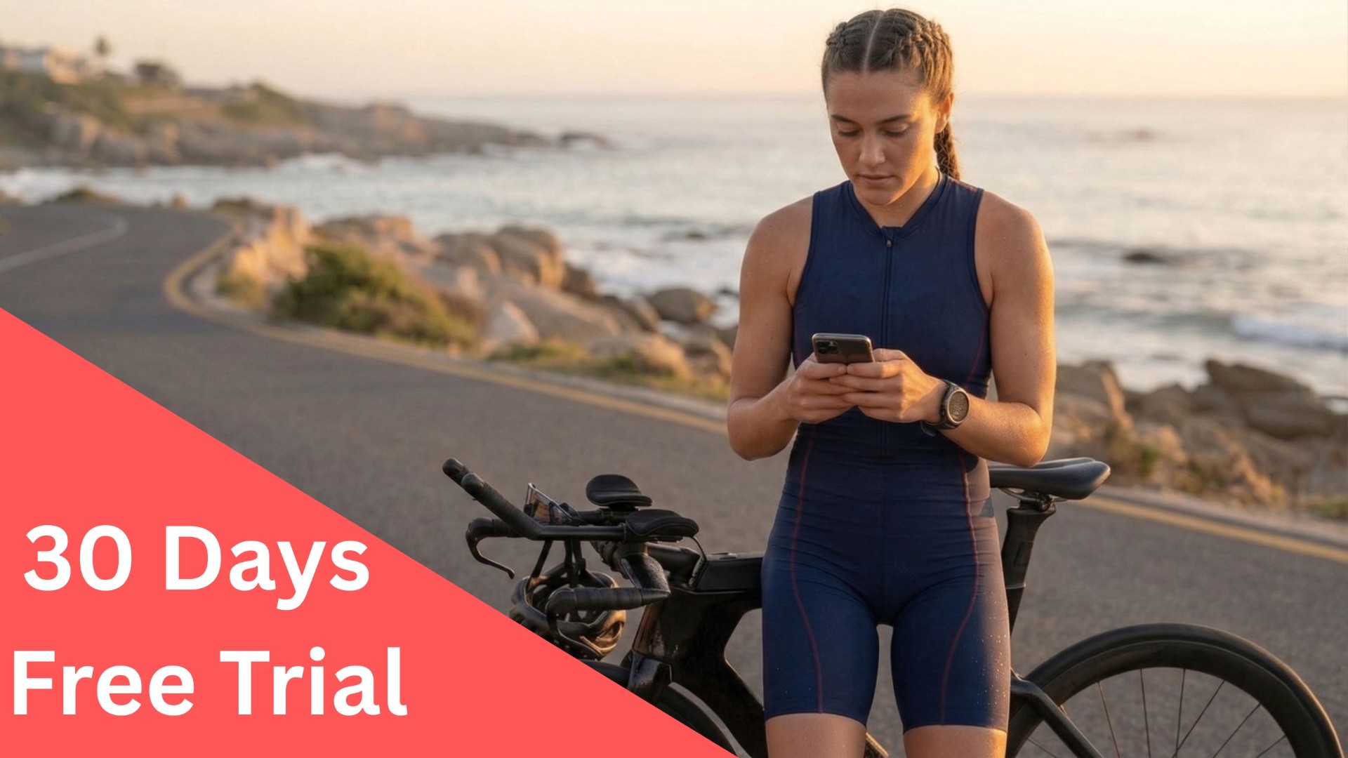 Age-group triathlete checking training plan on phone next to bike